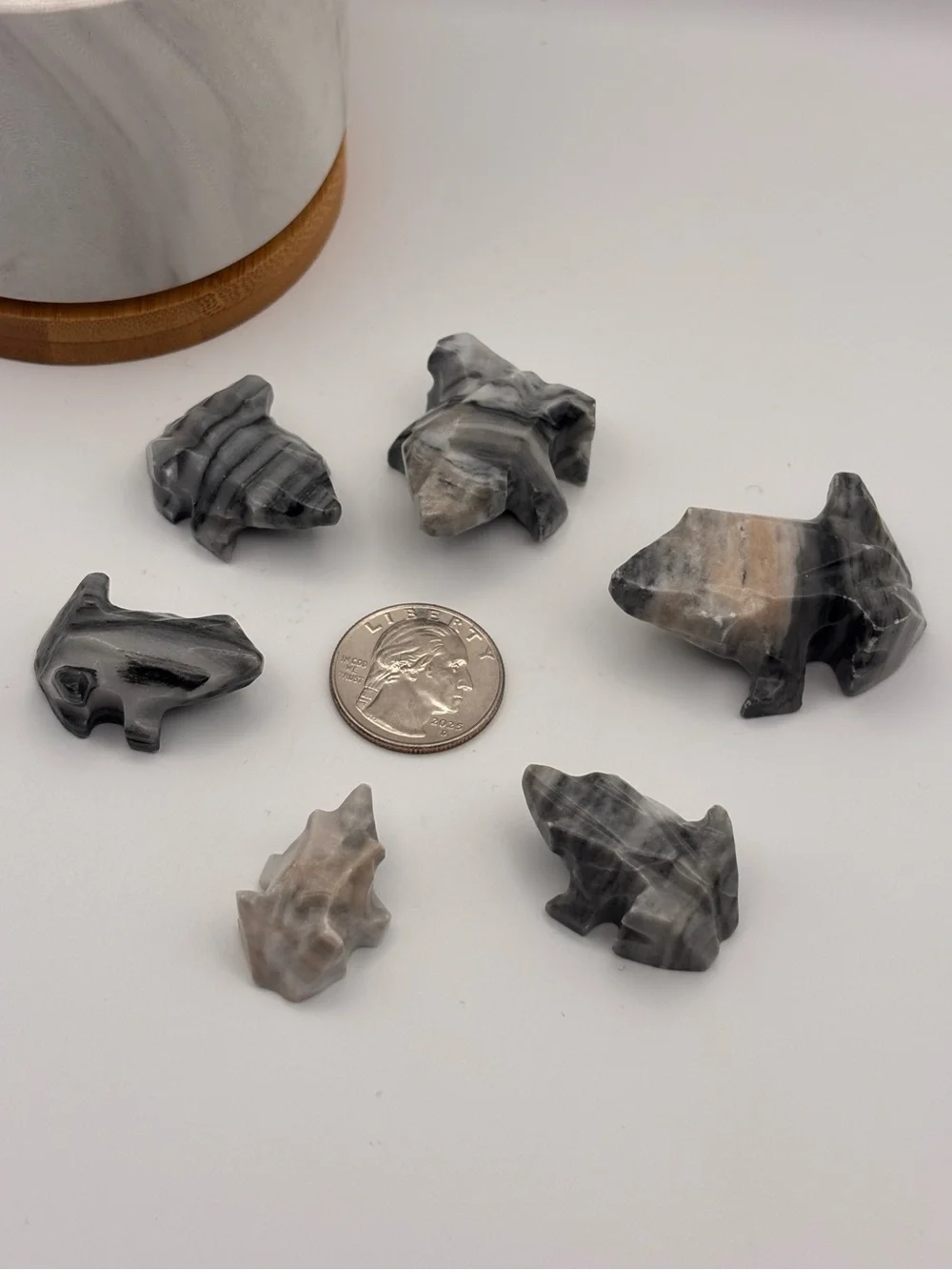 Set of 6 Hand-Carved Stone Frog Miniature Figurines, Set of Marble Trinkets